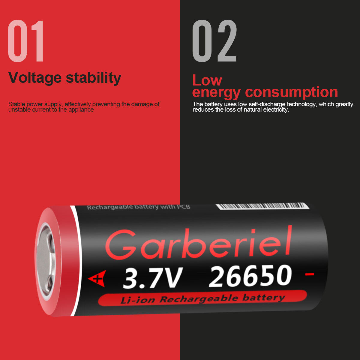26650 Li-ion 3.7V Rechargeable Flat Top Batteries - 2 Pack