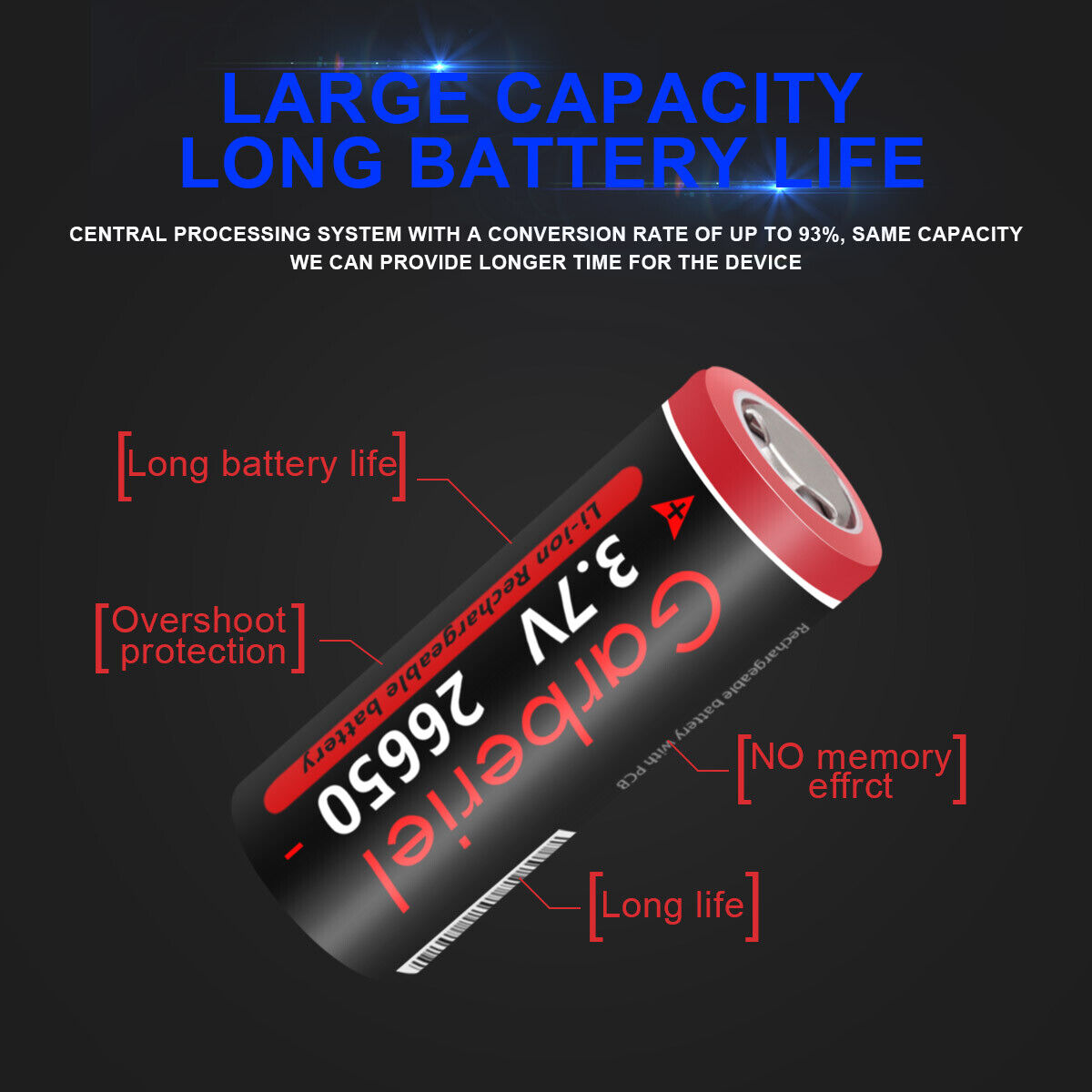 26650 Li-ion 3.7V Rechargeable Flat Top Batteries - 2 Pack