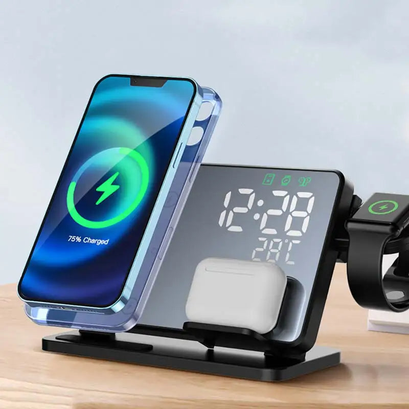 3-In-1 Fast Charging Station | Premium Wireless Fast Charging Docking Station with Alarm Clock | for Apple iPhone, Watch & AirPods