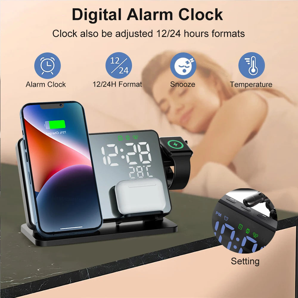 3-In-1 Fast Charging Station | Premium Wireless Fast Charging Docking Station with Alarm Clock | for Apple iPhone, Watch & AirPods