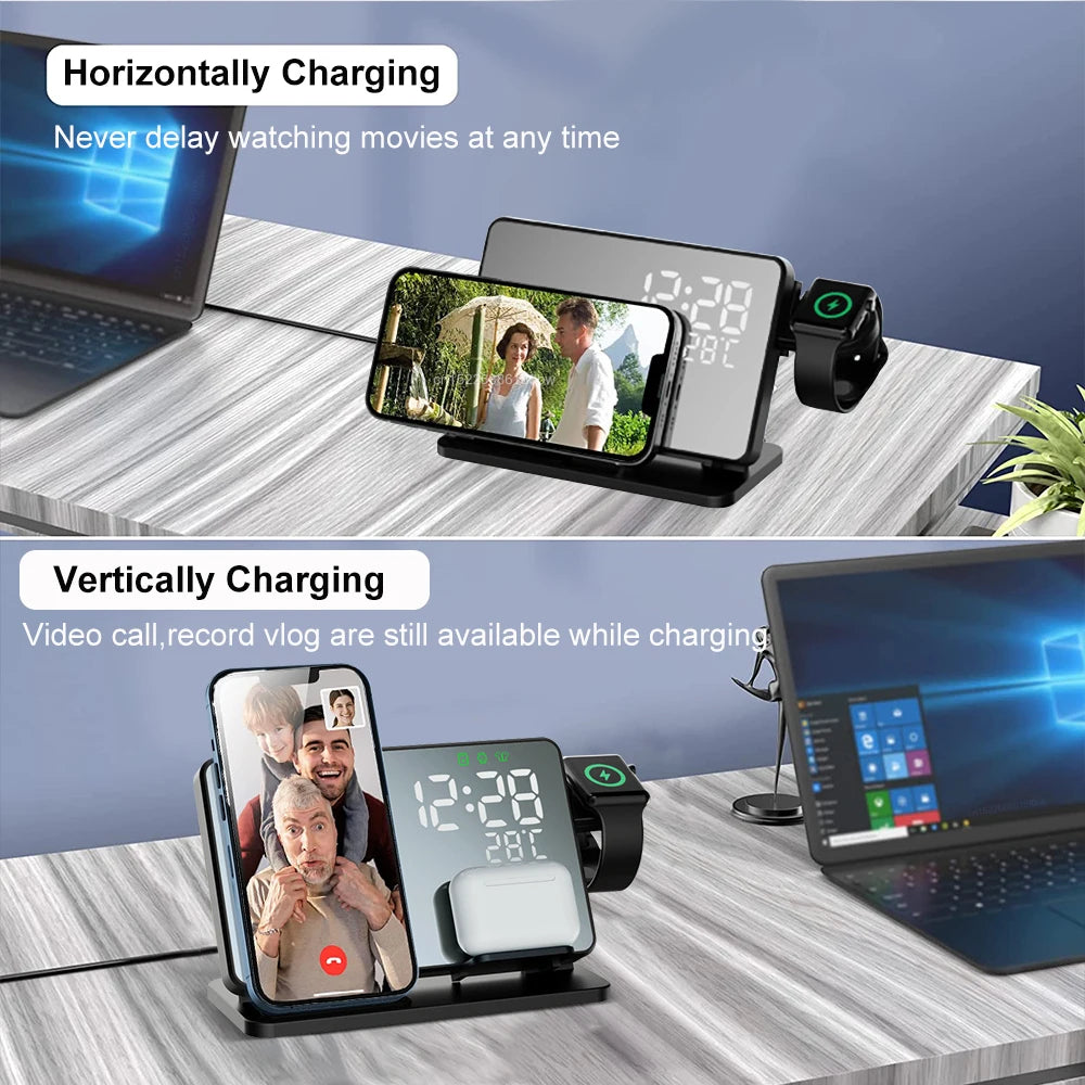3-In-1 Fast Charging Station | Premium Wireless Fast Charging Docking Station with Alarm Clock | for Apple iPhone, Watch & AirPods