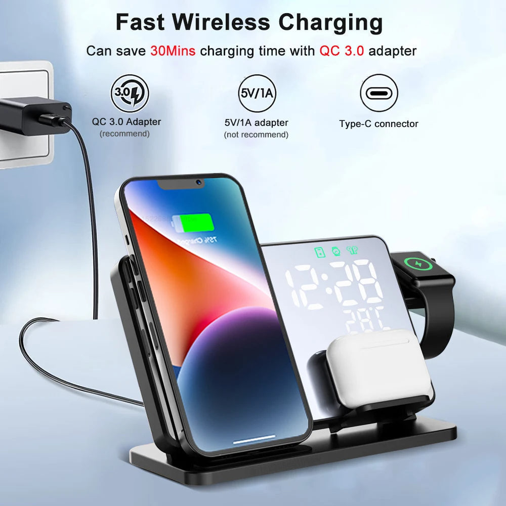3-In-1 Fast Charging Station | Premium Wireless Fast Charging Docking Station with Alarm Clock | for Apple iPhone, Watch & AirPods