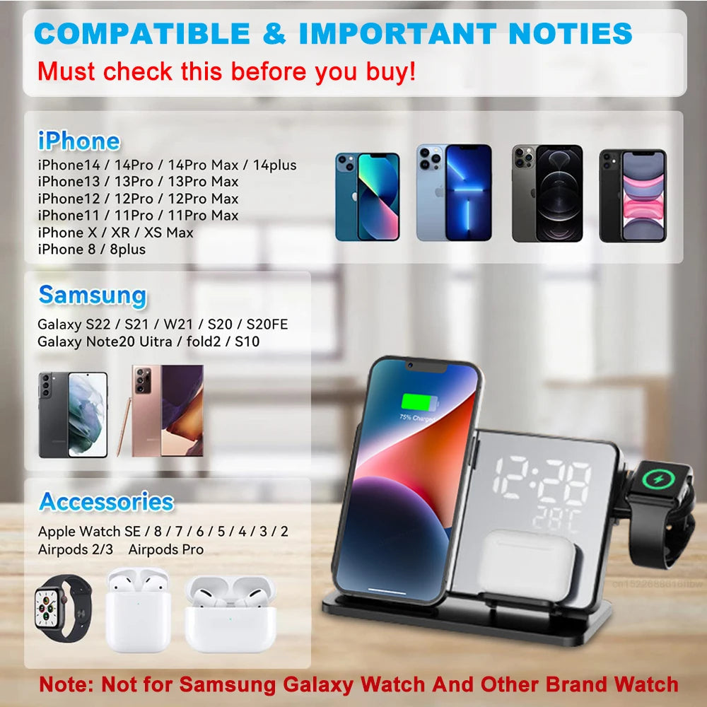 3-In-1 Fast Charging Station | Premium Wireless Fast Charging Docking Station with Alarm Clock | for Apple iPhone, Watch & AirPods