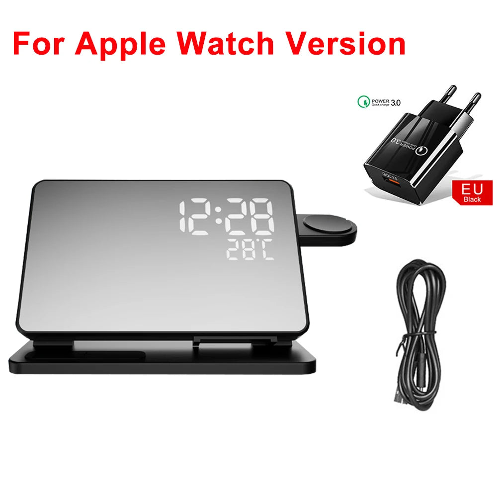 3-In-1 Fast Charging Station | Premium Wireless Fast Charging Docking Station with Alarm Clock | for Apple iPhone, Watch & AirPods