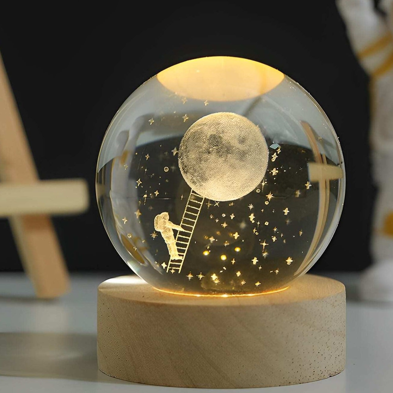 3D Engraved Crystal Ball Night Light - Wooden Base Ambient Lamp - Modern Decor - Image 8