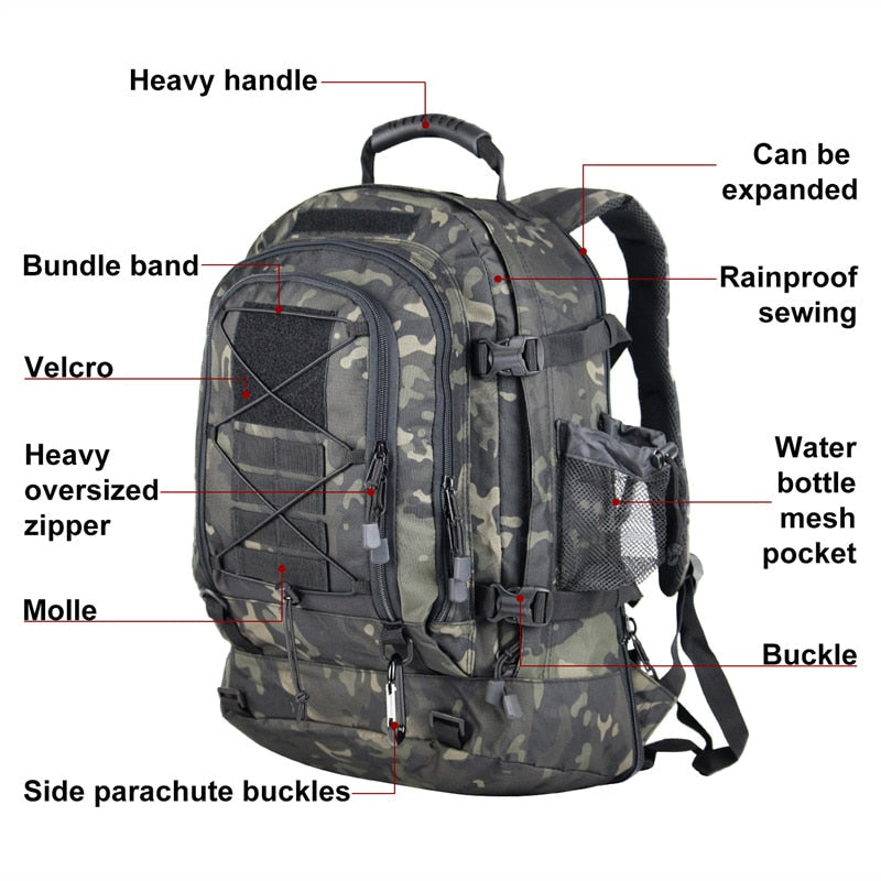 60L Expandable Tactical Backpack for Outdoor Travel