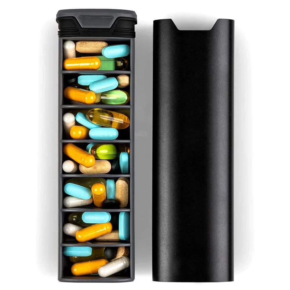 7-Compartment Pill Organizer – Compact and Durable, Leakproof Design, Engraved Days of the Week