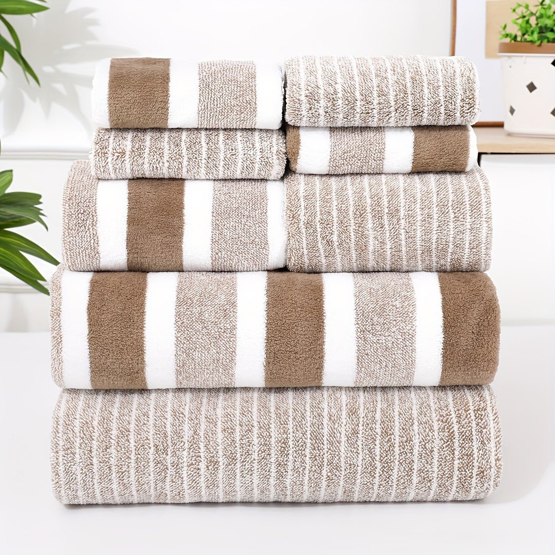 8-Piece Microfiber Towel Set - Quick Drying - Striped Bath & Hand Towels - Image 1