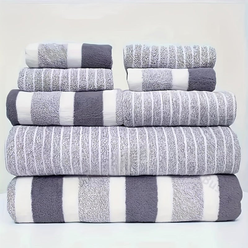 8-Piece Microfiber Towel Set - Quick Drying - Striped Bath & Hand Towels - Image 6