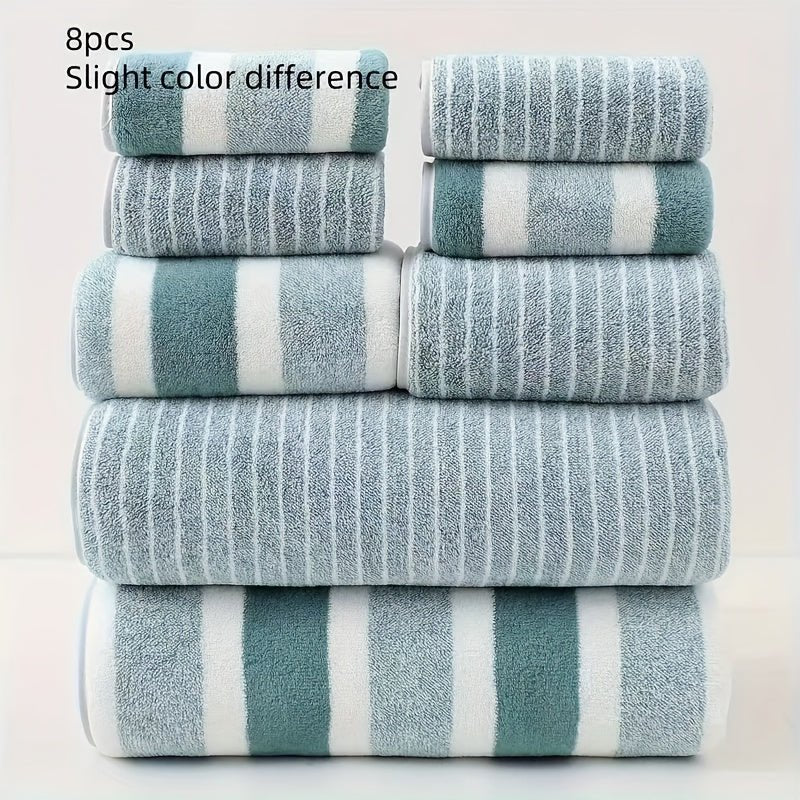8-Piece Microfiber Towel Set - Quick Drying - Striped Bath & Hand Towels - Image 7