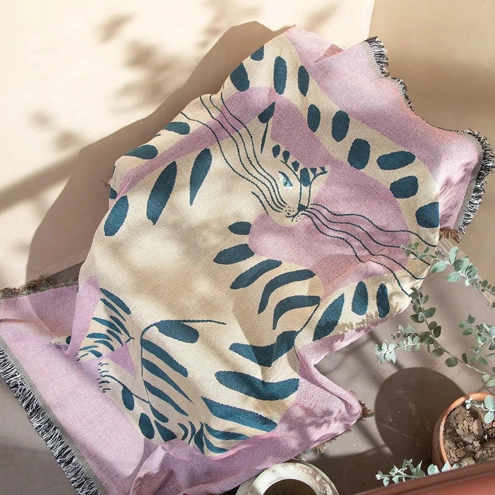 Abstract Woven Cat Throw Blanket - Polyester Cotton Tapestry - Jacquard Style - Image 1