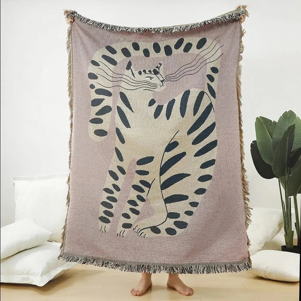 Abstract Woven Cat Throw Blanket - Polyester Cotton Tapestry - Jacquard Style - Image 2
