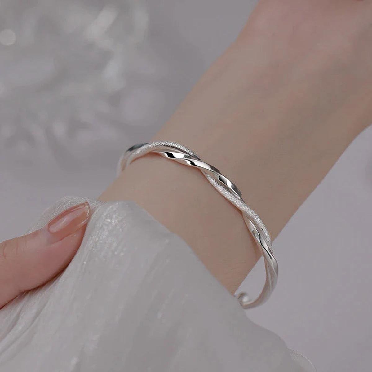 Adjustable 925 Sterling Silver Geometric Bangle Bracelet for Women