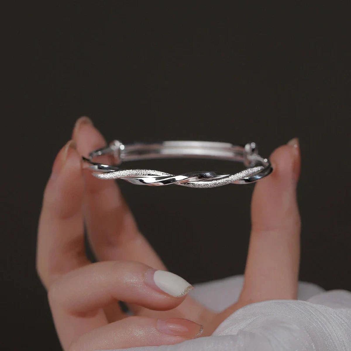 Adjustable 925 Sterling Silver Geometric Bangle Bracelet for Women