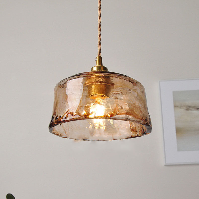 Amber Glass Pendant Light - Round - Brass Accents - Vintage Style - Single Light Fixture - Image 1