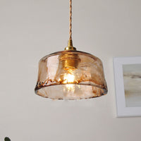 Amber Glass Pendant Light - Round - Brass Accents - Vintage Style - Single Light Fixture