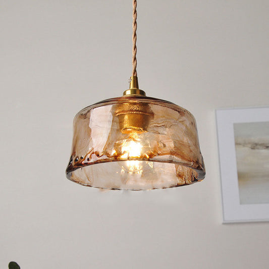 Amber Glass Pendant Light - Round - Brass Accents - Vintage Style - Single Light Fixture - Image 1