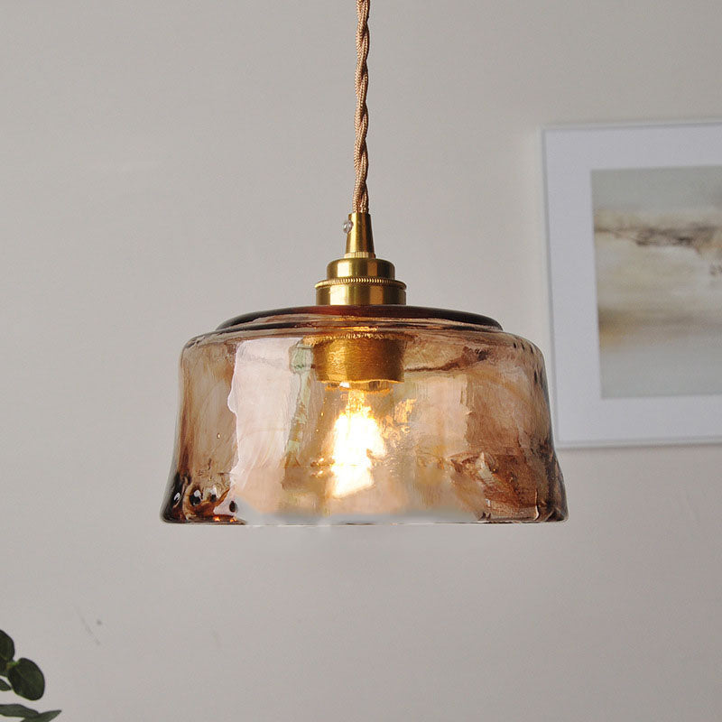Amber Glass Pendant Light - Round - Brass Accents - Vintage Style - Single Light Fixture - Image 3