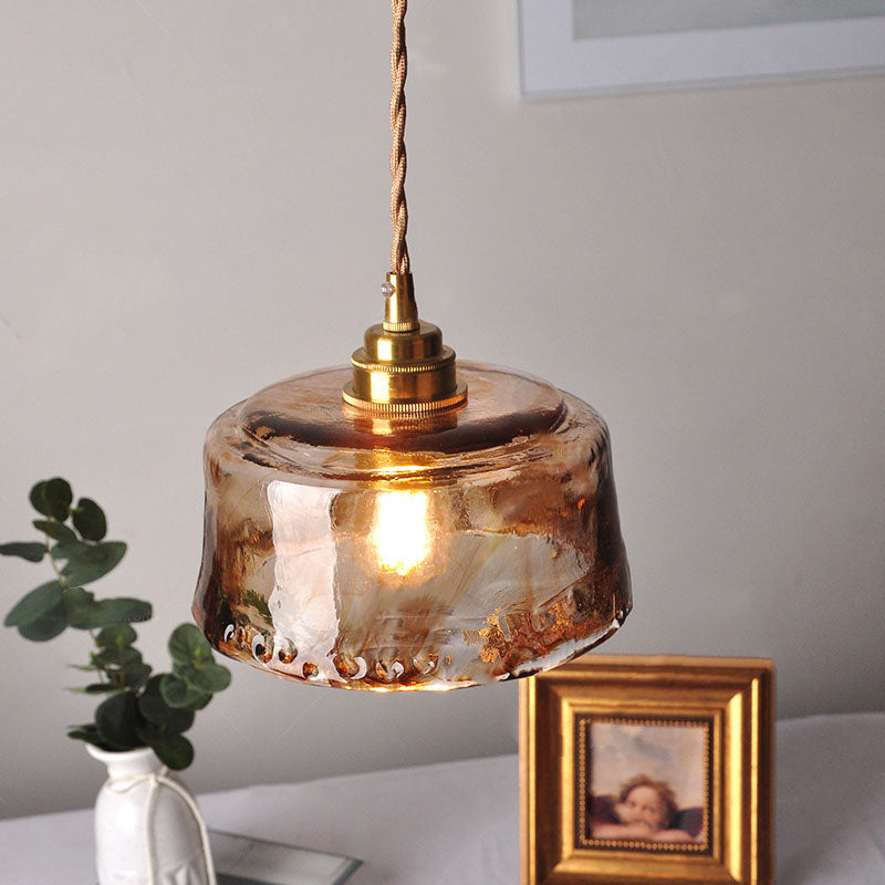 Amber Glass Pendant Light - Round - Brass Accents - Vintage Style - Single Light Fixture - Image 4