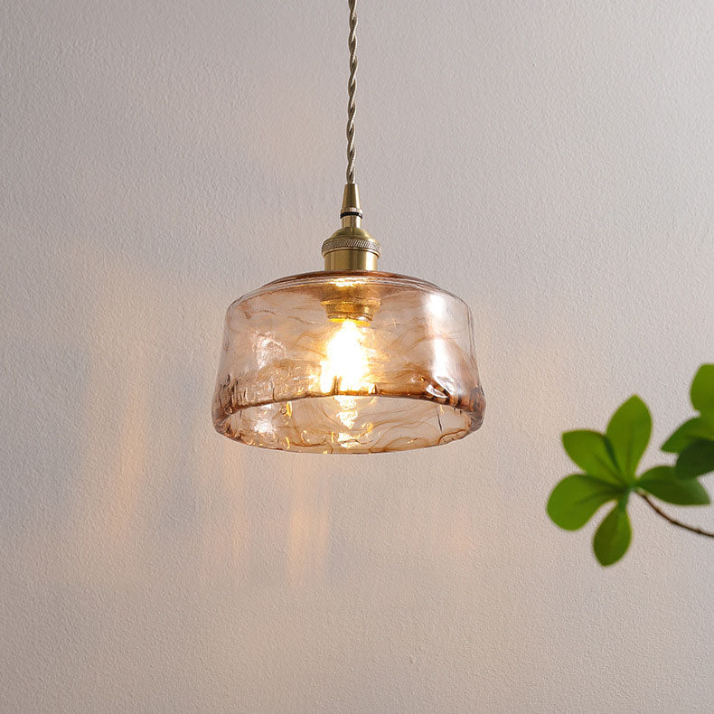 Amber Glass Pendant Light - Round - Brass Accents - Vintage Style - Single Light Fixture - Image 5