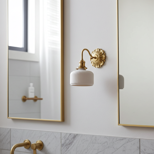 Antique Brass Wall Sconce - White Ceramic Ribbed Shade - Rustic Style Lighting - Image 1