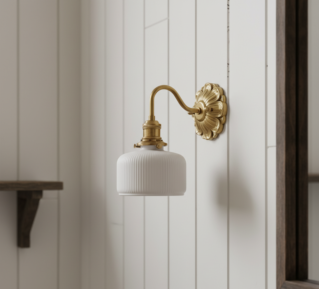 Antique Brass Wall Sconce - White Ceramic Ribbed Shade - Rustic Style Lighting - Image 2