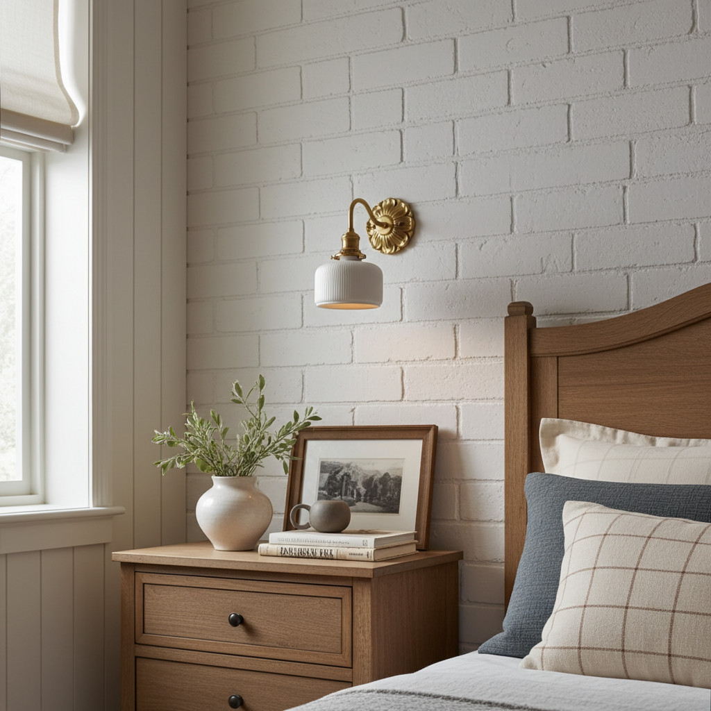 Antique Brass Wall Sconce - White Ceramic Ribbed Shade - Rustic Style Lighting - Image 3