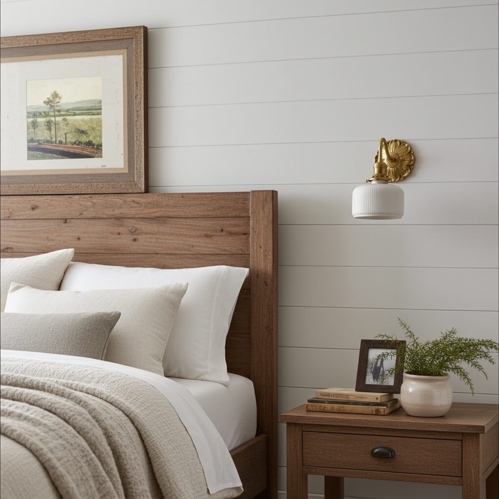 Antique Brass Wall Sconce - White Ceramic Ribbed Shade - Rustic Style Lighting - Image 5