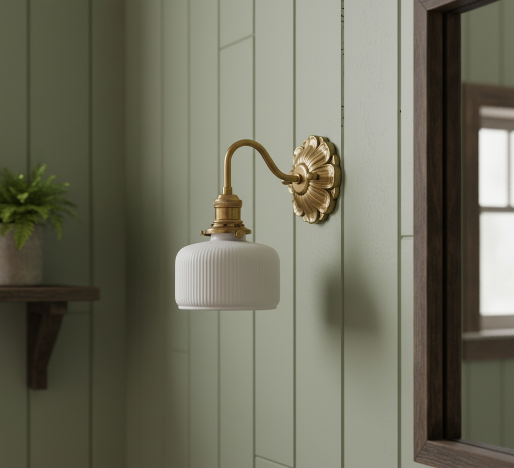 Antique Brass Wall Sconce - White Ceramic Ribbed Shade - Rustic Style Lighting - Image 6