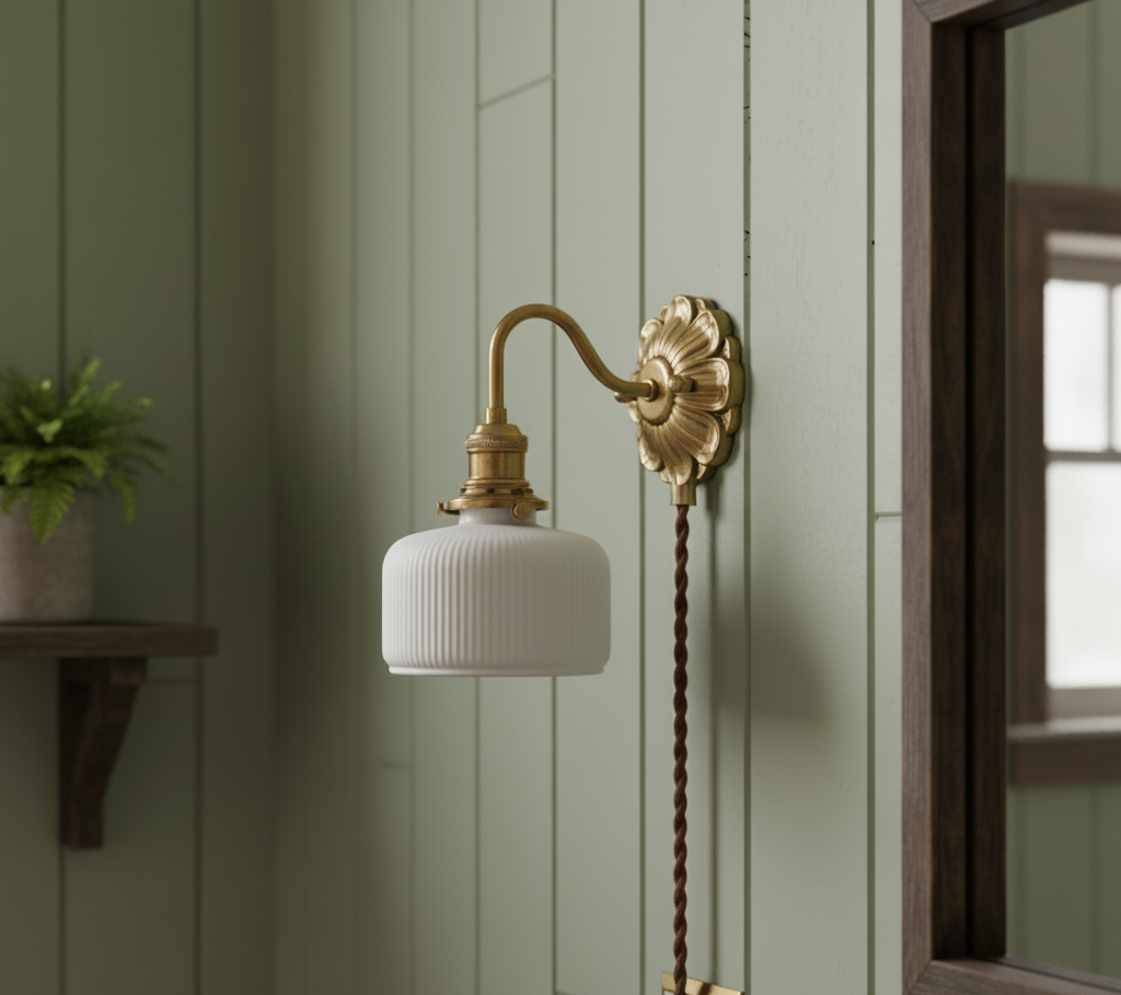 Antique Brass Wall Sconce - White Ceramic Ribbed Shade - Rustic Style Lighting - Image 7