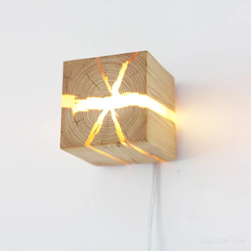 Apot Almond Wood Cube Wall Light - Modern Accent Lighting - Image 1