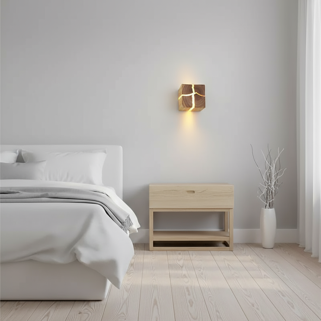 Apot Almond Wood Cube Wall Light - Modern Accent Lighting - Image 4