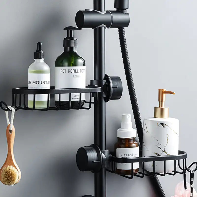 AquaGrip Shower Caddy - Elegant Black Metal Bathroom Organizer with Secure Fixture - Image 1