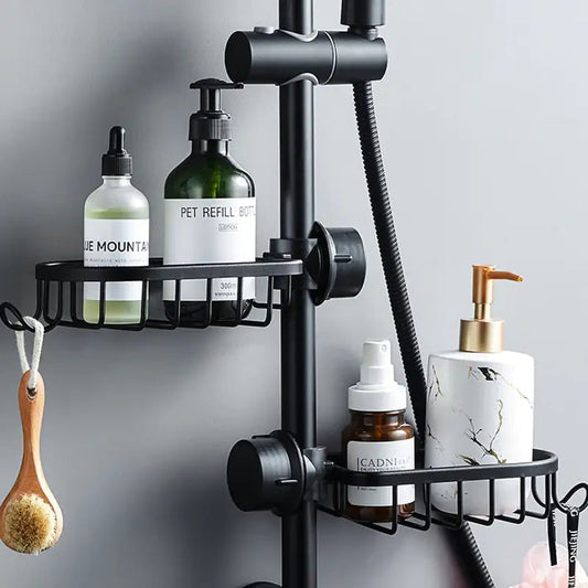 AquaGrip Shower Caddy - Elegant Black Metal Bathroom Organizer with Secure Fixture - Image 1
