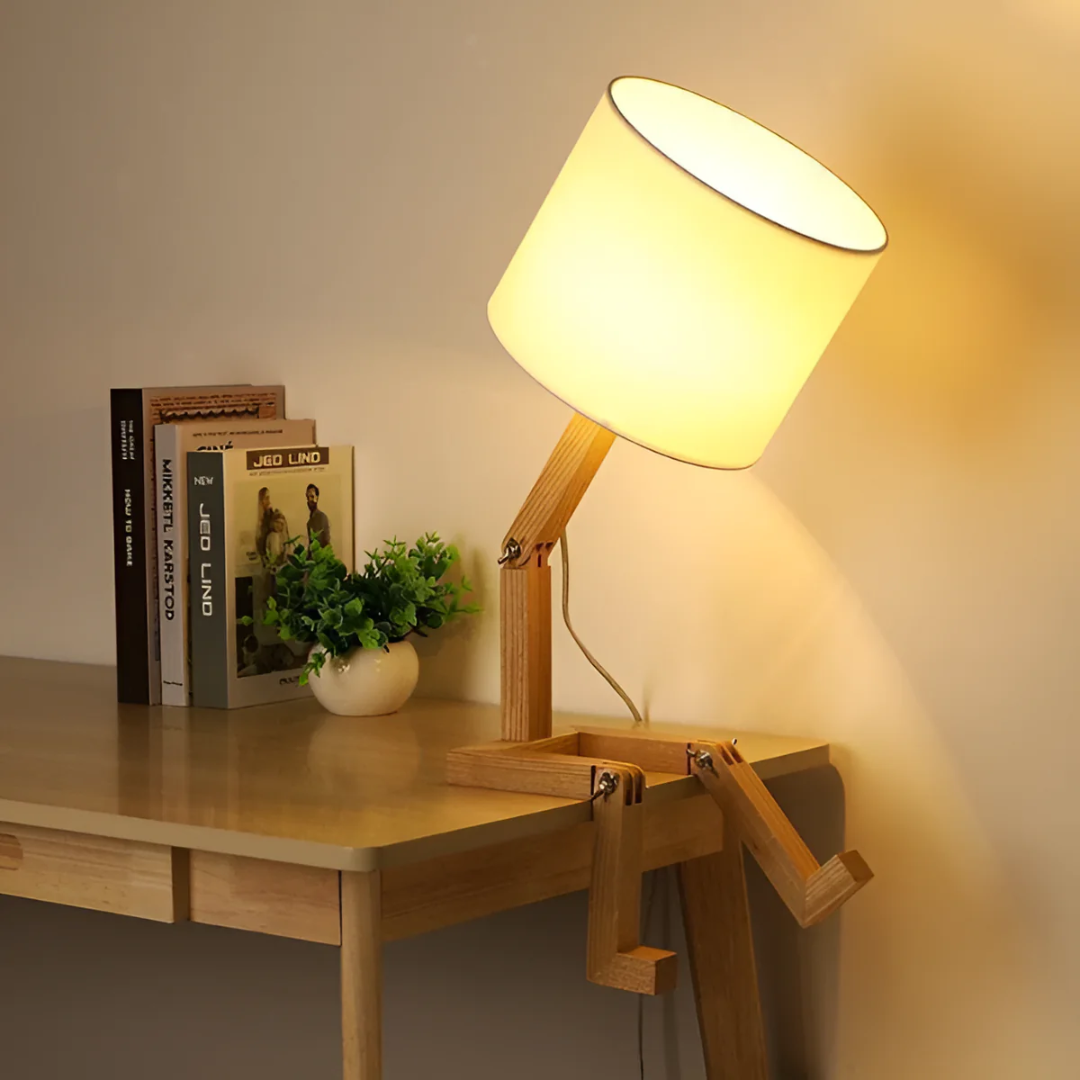 Articulated Wooden Table Lamp - Adjustable - Modern - Fabric Shade - Image 4