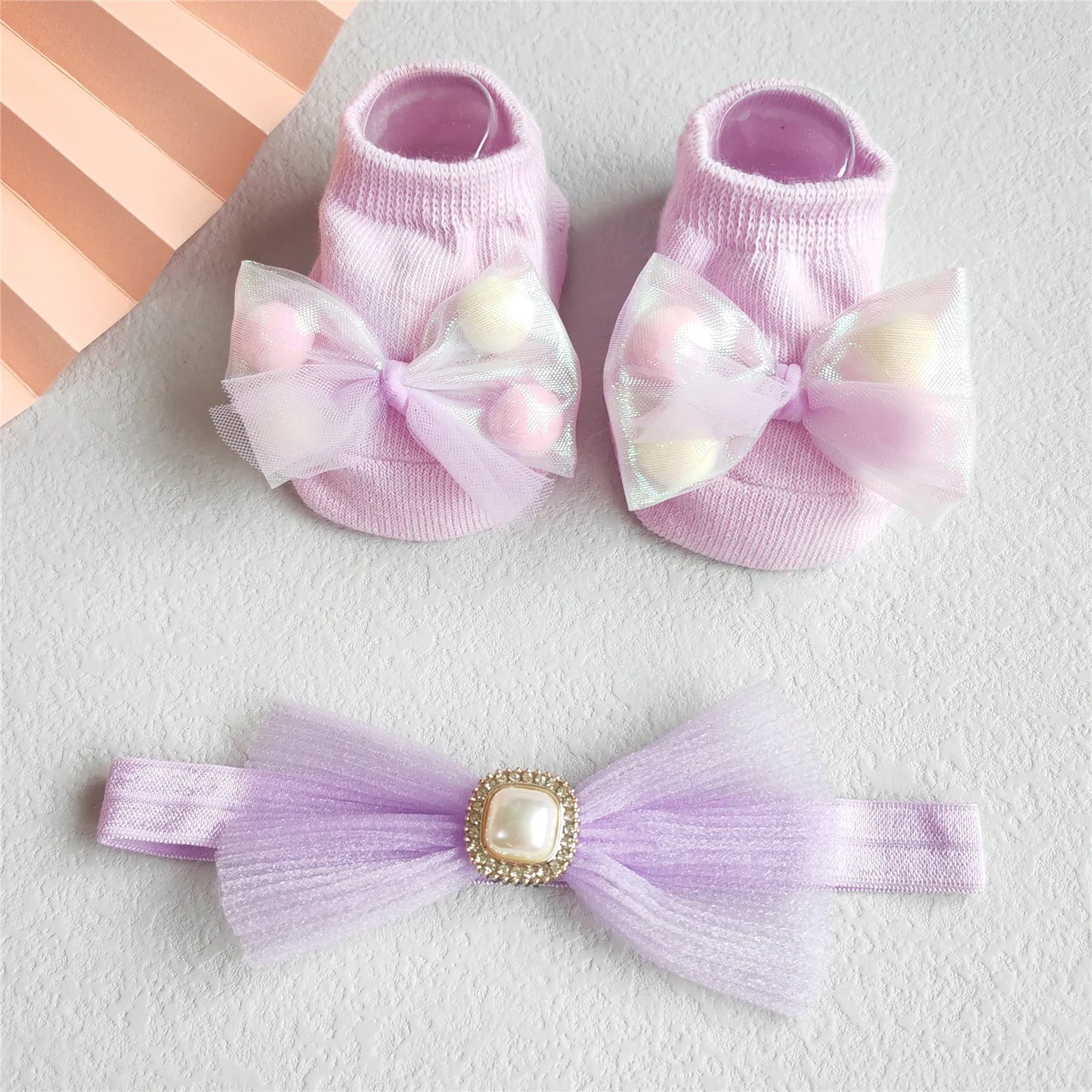 Baby Girl Headband and Socks Set - Newborn Princess Lace Hair Bows & Cotton Socks Gift for 0-12 Months