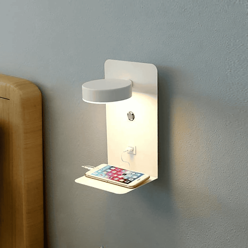 Bedside Wall Lamp with Shelf - USB Charging Port - Modern Night Light Fixture - Image 2
