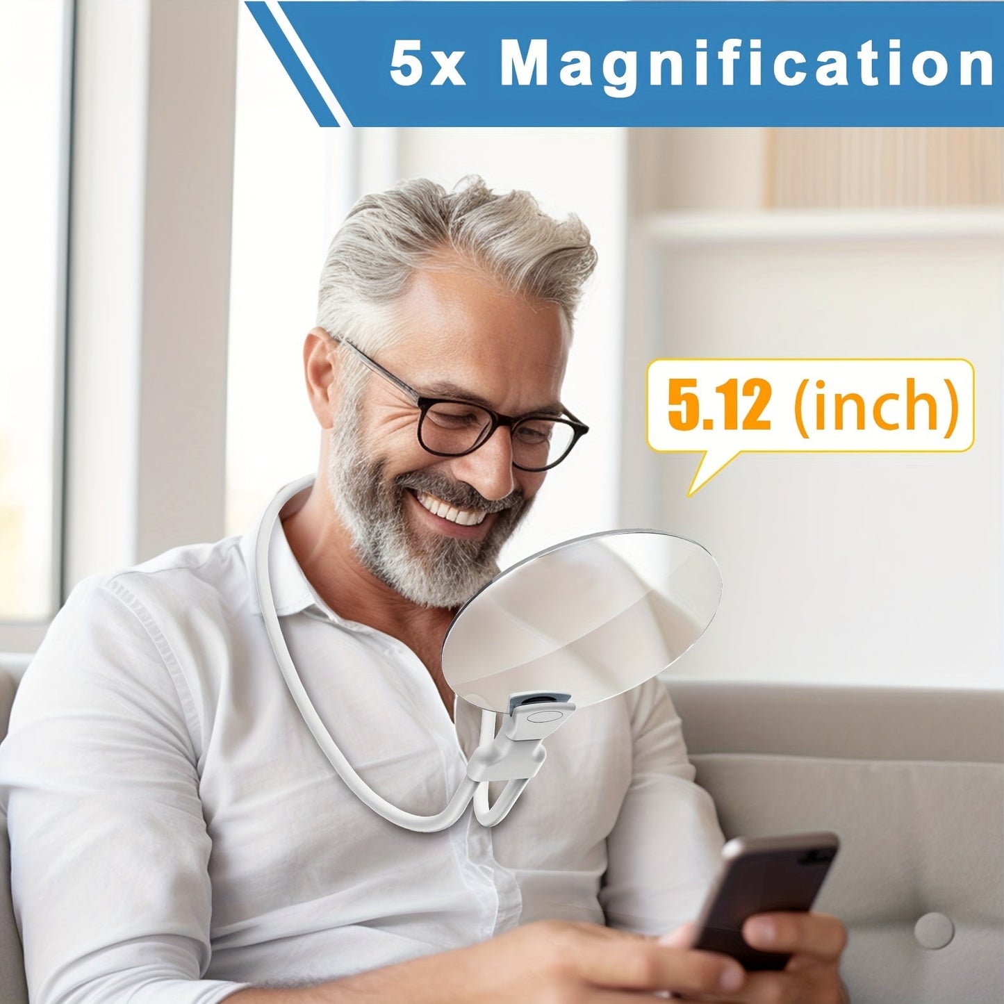 Bella | 5X Magnifying Glass Pro – Hands-free adjustable neck loupe for seniors and people with visual impairments – Perfect for reading, sewing, crafting, and inspection