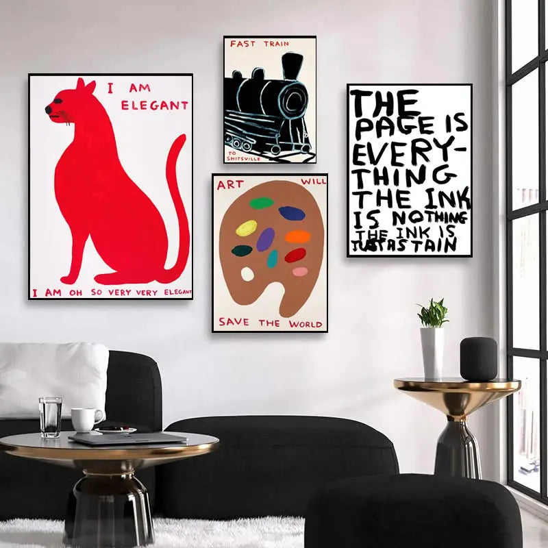 Bella | David Shrigley Rabbit Cat Wine Biscuit Train Wall Art Abstract Canvas Painting Prints Nordic Poster Pictures for Living Room Decor
