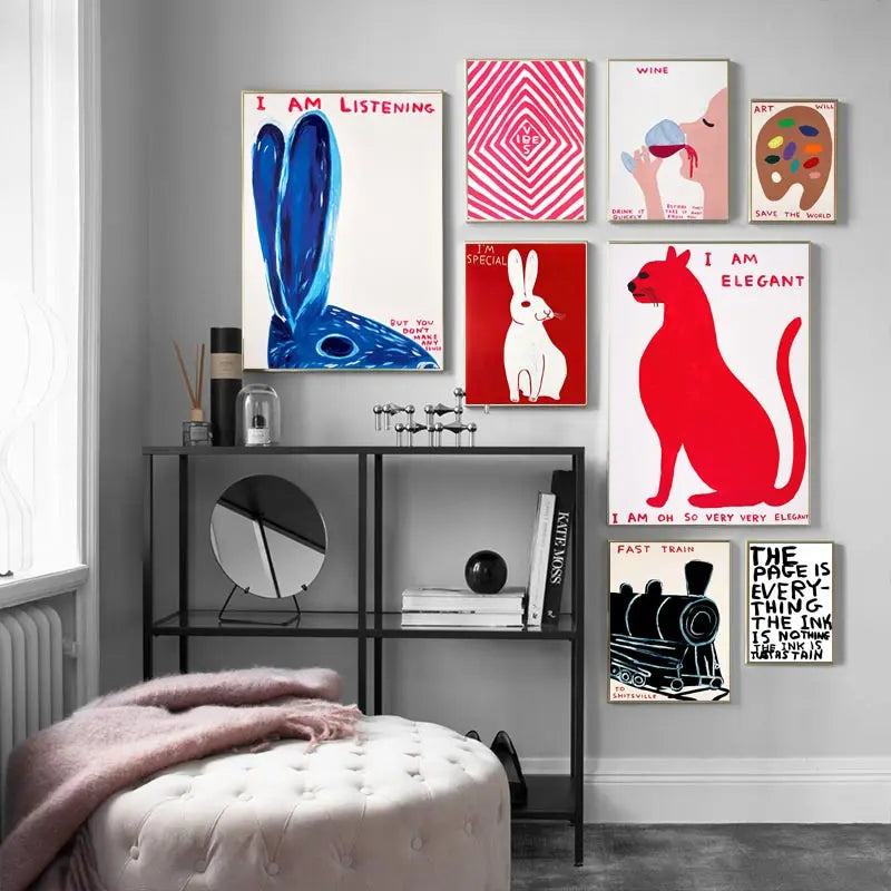Bella | David Shrigley Rabbit Cat Wine Biscuit Train Wall Art Abstract Canvas Painting Prints Nordic Poster Pictures for Living Room Decor