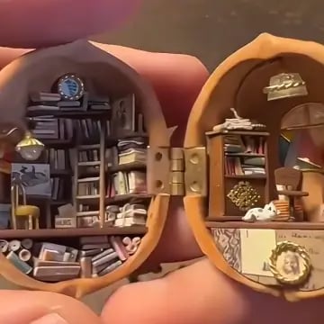 Bella Handmade Walnut Shell Dollhouse - Mini Library, Tiny World Inside Walnut