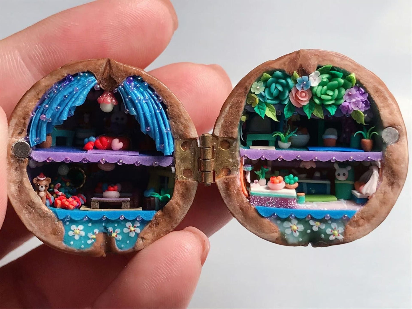 Bella Handmade Walnut Shell Dollhouse - Mini Library, Tiny World Inside Walnut