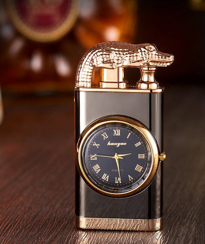 Bella Lighter with Quartz Watch, Metal Stamping, Windproof Blue Flame Lighter with Alligator Head