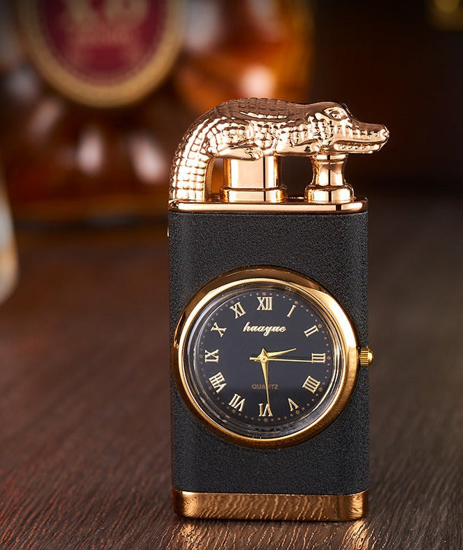 Bella Lighter with Quartz Watch, Metal Stamping, Windproof Blue Flame Lighter with Alligator Head
