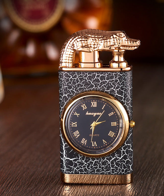 Bella Lighter with Quartz Watch, Metal Stamping, Windproof Blue Flame Lighter with Alligator Head