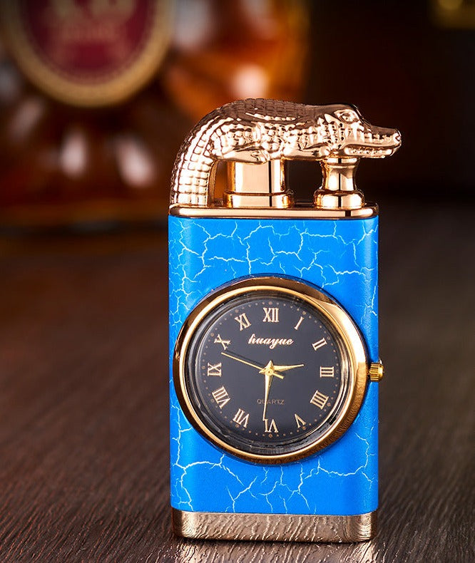 Bella Lighter with Quartz Watch, Metal Stamping, Windproof Blue Flame Lighter with Alligator Head