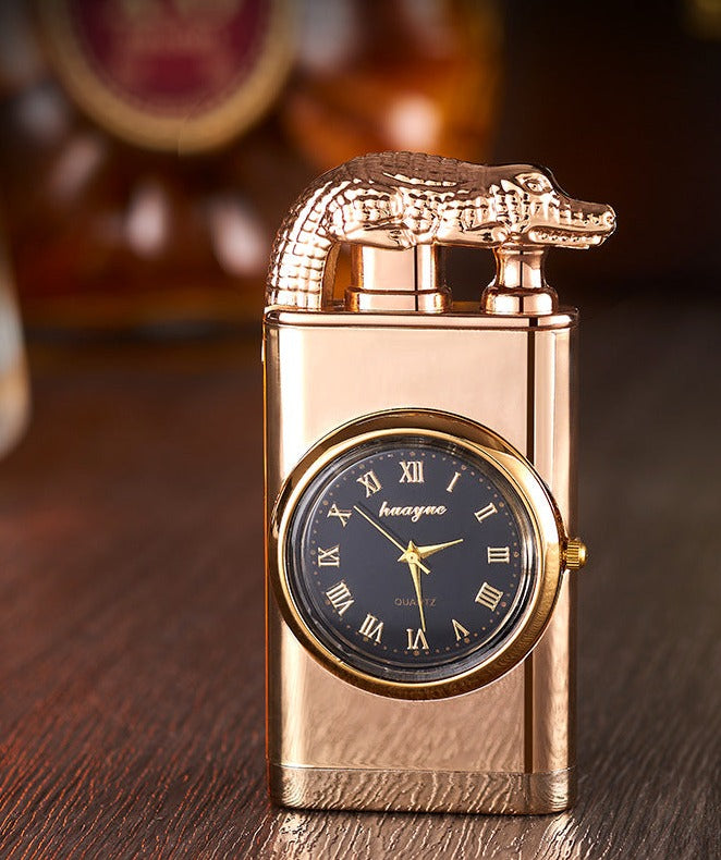 Bella Lighter with Quartz Watch, Metal Stamping, Windproof Blue Flame Lighter with Alligator Head