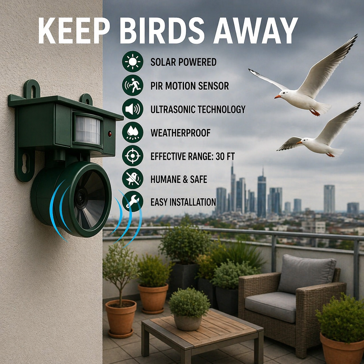 Bird Repeller | Solar-Powered Sensor | Animal-Friendly Predator Calls | Birdfend