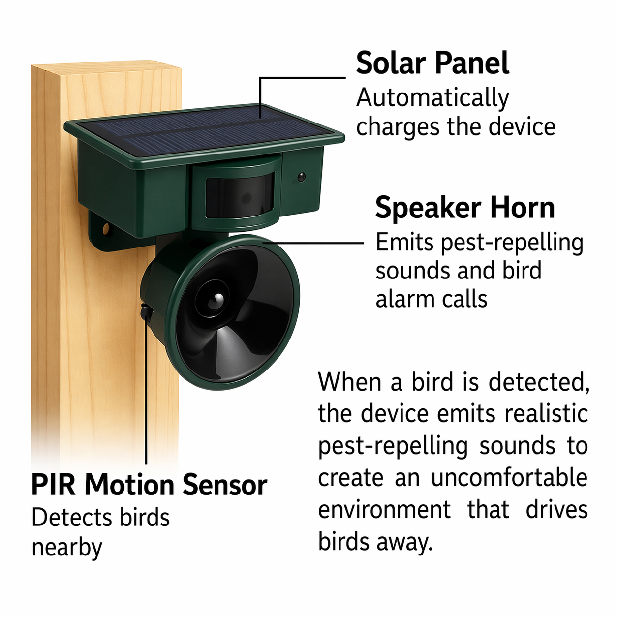 Bird Repeller | Solar-Powered Sensor | Animal-Friendly Predator Calls | Birdfend