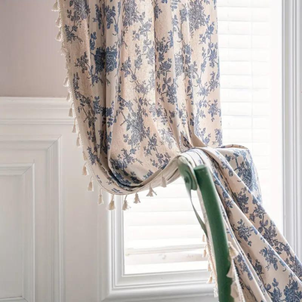 Blue Floral Window Curtain - Semi-Sheer - Tassel Trim - Elegant Home Decor - Image 1